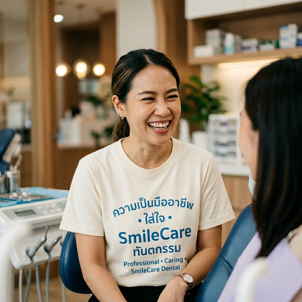 ทันตแพทย์หญิงอายุ 35 ปี ใส่เสื้อยืดคอกลมลาย “มืออาชีพ • ใส่ใจ • SmileCare Dental”