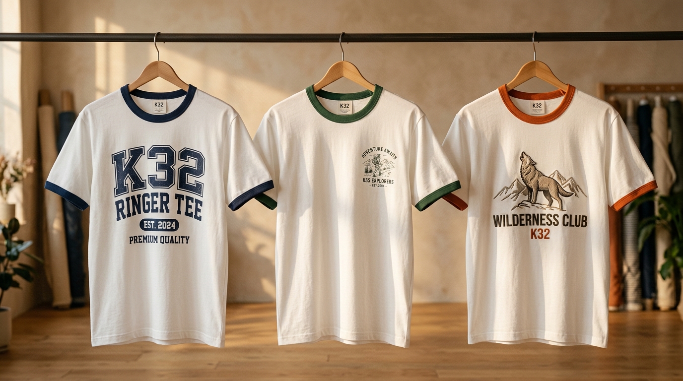 สกรีนเสื้อกุ้นให้ปังในปี 2026 ตัวแบบใส่เสื้อกุ้น Cotton 30s สกรีนลายทรงพลัง แสง Warm Cinematic Golden Hour K32 ShirtGallery