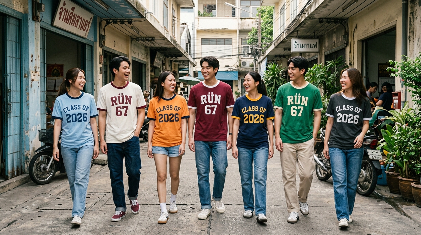 เสื้อกุ้น Ringer Tee ขาวกุ้นแดง บนตัวแบบไทยในแสงอบอุ่น Golden Hour เมืองไทย ผ้า Cotton 32s K32 ShirtGallery