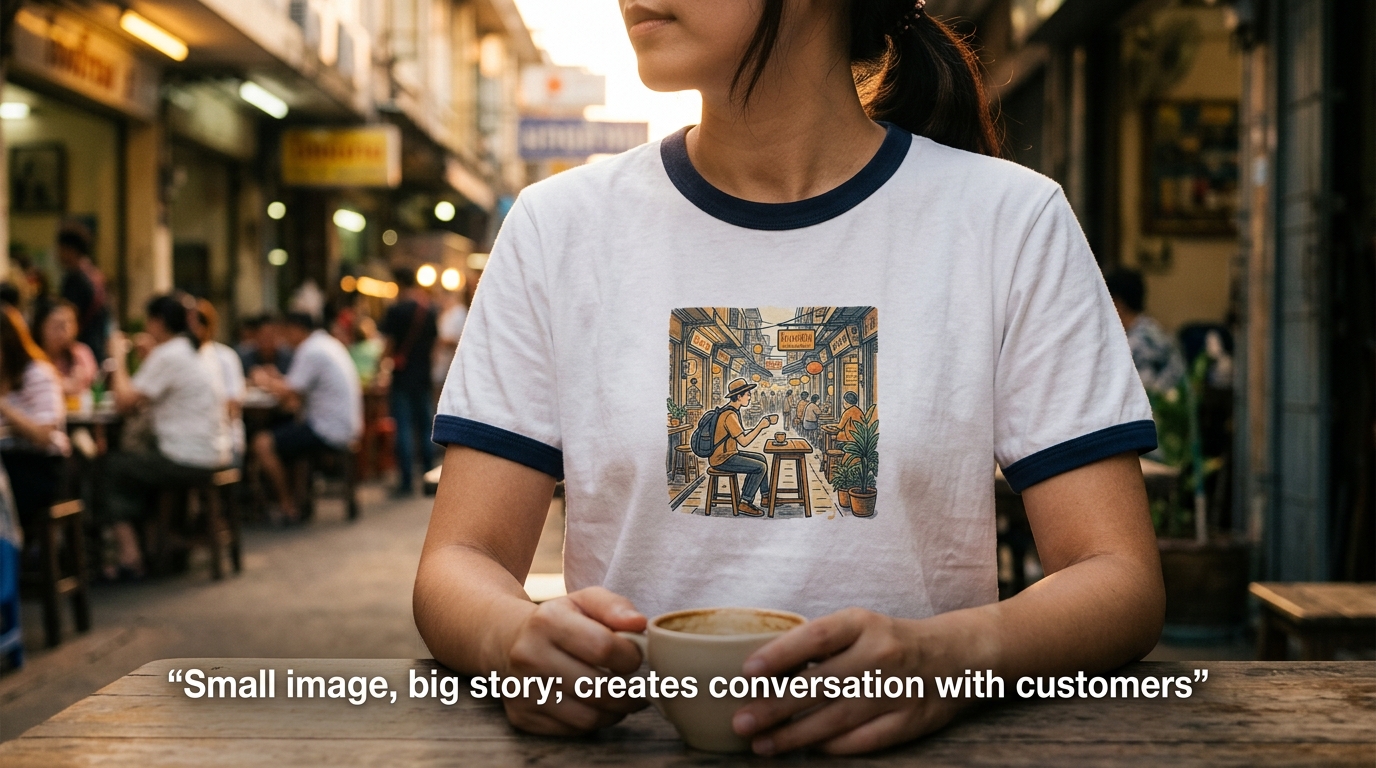 สกรีนเสื้อกุ้น Cotton 30s แนวทางภาพเล่าเรื่องขนาดเล็ก Narrative Mini Scene ตัวหนังสือสีขาว K32