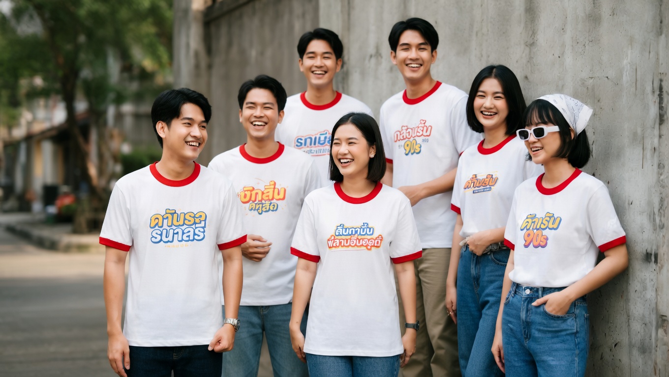 เสื้อกุ้นกับการสกรีน ตัวแบบใส่เสื้อกุ้นคอกุ้นแขนพร้อมลายสกรีน ผ้า Cotton 32s จาก K32