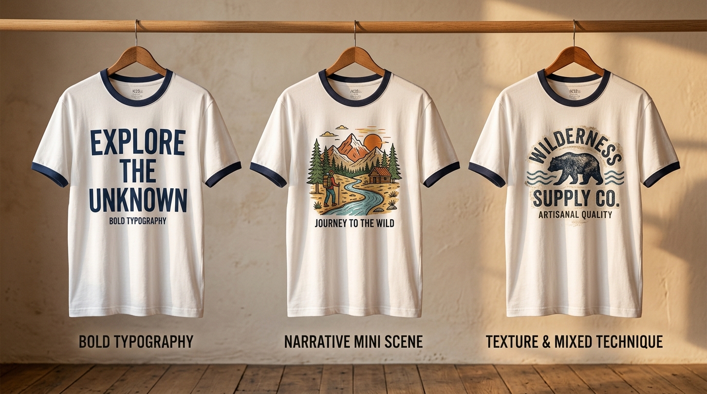 เปรียบเทียบ 3 แนวทางสกรีนเสื้อกุ้น Cotton 30s ปี 2026 แนวทาง Bold, Narrative, Texture K32