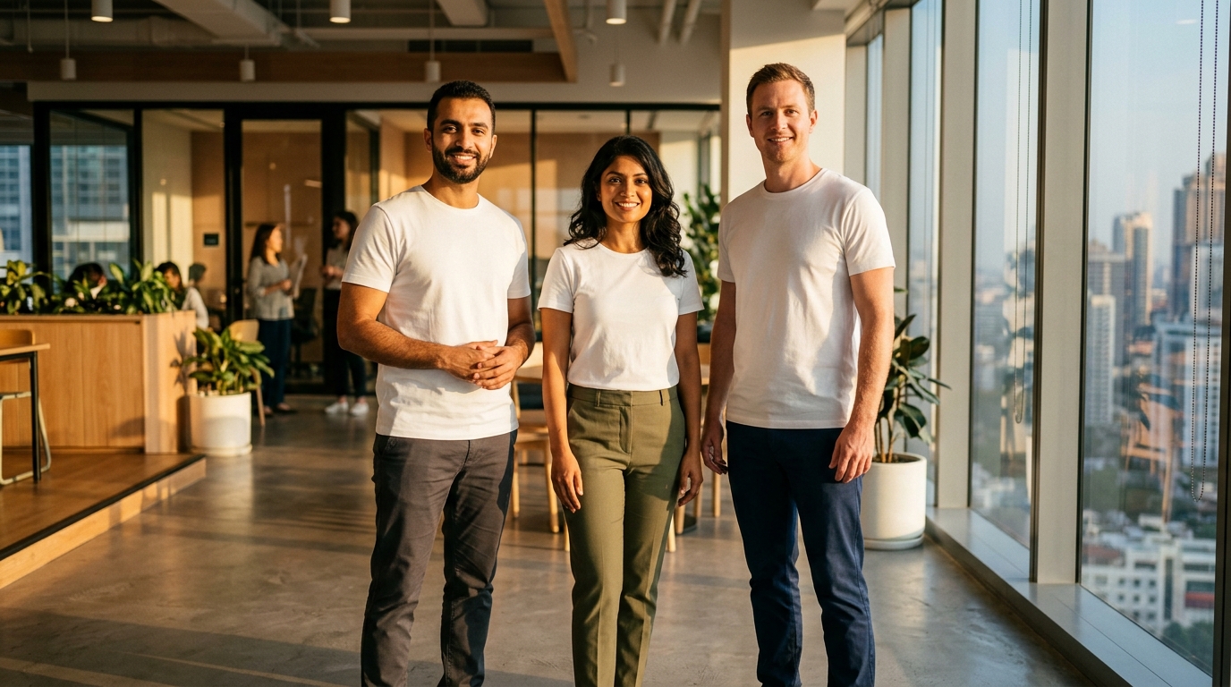 Premium white t-shirt made in Thailand worn by diverse professional team in modern office with warm cinematic lighting
