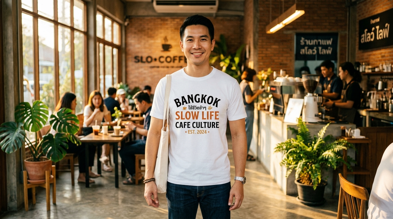 ลูกค้าจริงใส่เสื้อยืดสีขาว C1001 พิมพ์ลาย typography เนื้อผ้า Compact Process Anti-Shrink พิมพ์ชัด