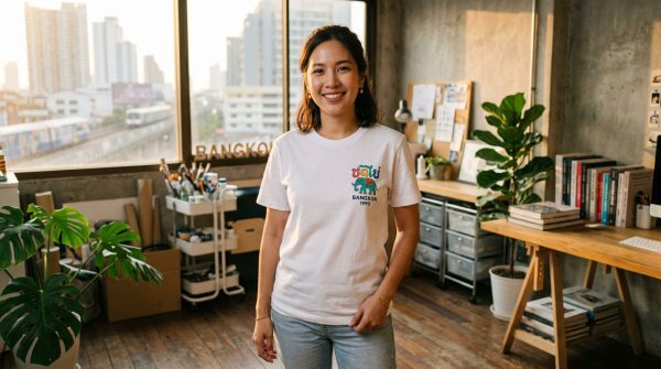 ลูกค้าจริงใส่เสื้อยืดสีขาว Premium พิมพ์ลายกราฟิกเล็ก เนื้อผ้า Premium Combed Cotton 32s