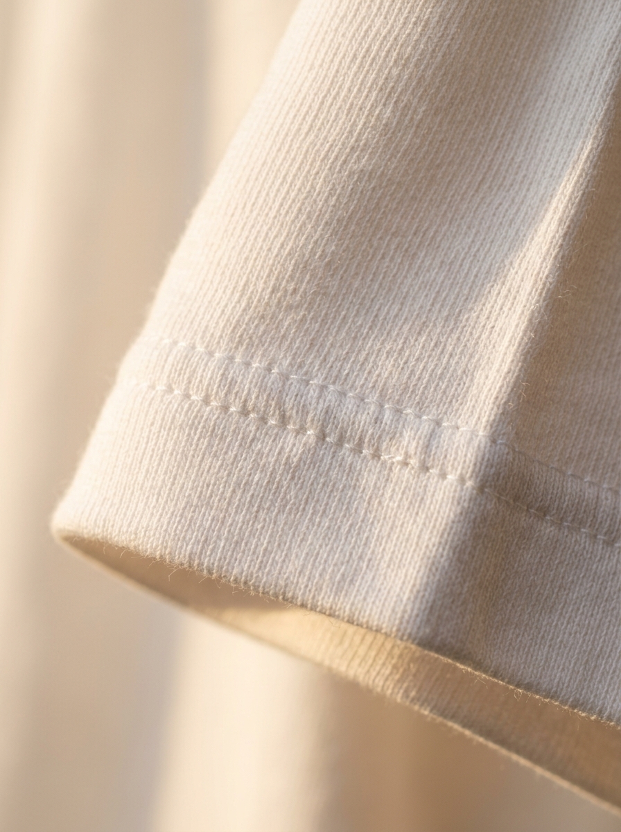 ภาพ Close-up ผิวสัมผัสเสื้อยืดสีขาว C1001 เนื้อผ้า Premium Combed Cotton 32s ธรรมชาติ