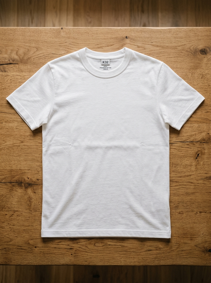 ภาพ Flat Lay เสื้อยืดสีขาว C1001 วางราบ แสดงทรงและเนื้อผ้า เนื้อผ้า Premium Combed Cotton 32s