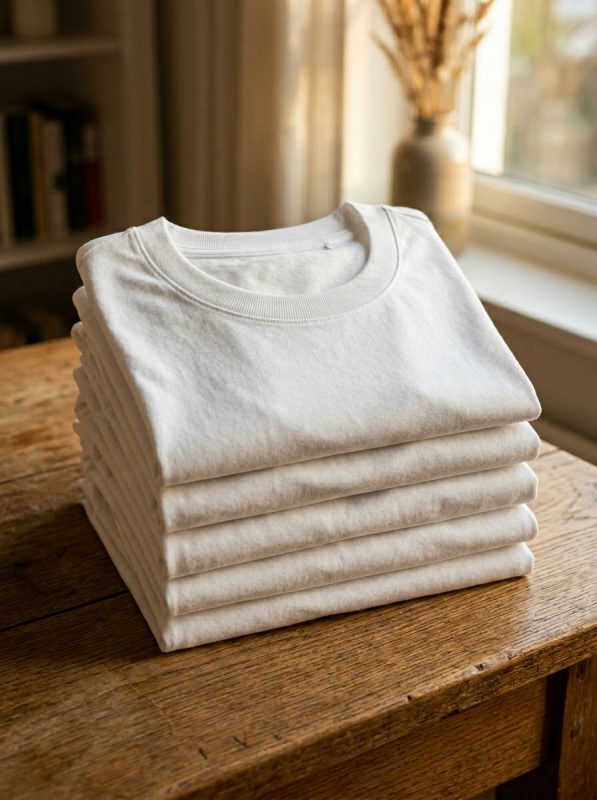 เสื้อยืดสีขาว C1001 ซ้อนกัน 5 ตัว แสดงความสม่ำเสมอและคุณภาพ เนื้อผ้า Premium Combed Cotton 32s