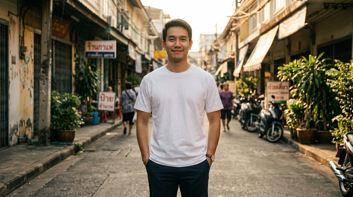 ผู้ชายไทยใส่เสื้อยืดสีขาว C1001 ยืนยิ้มในบรรยากาศเมือง เนื้อผ้า Premium Combed Cotton 32s