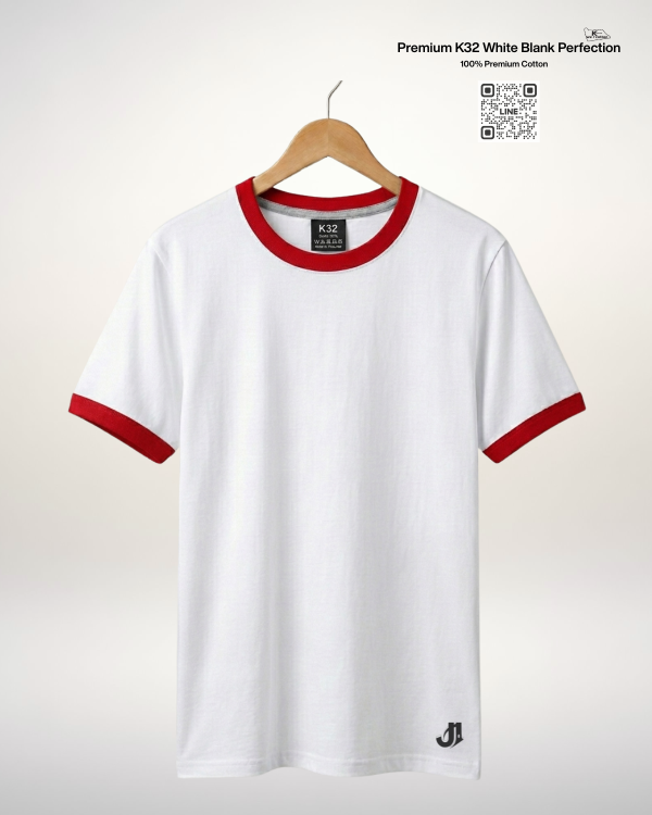 เสื้อคอกลมขาวกุ้นแดง C20102 แขวนโชว์ขอบแดงคมชัด เนื้อผ้า Premium Cotton 30s K32