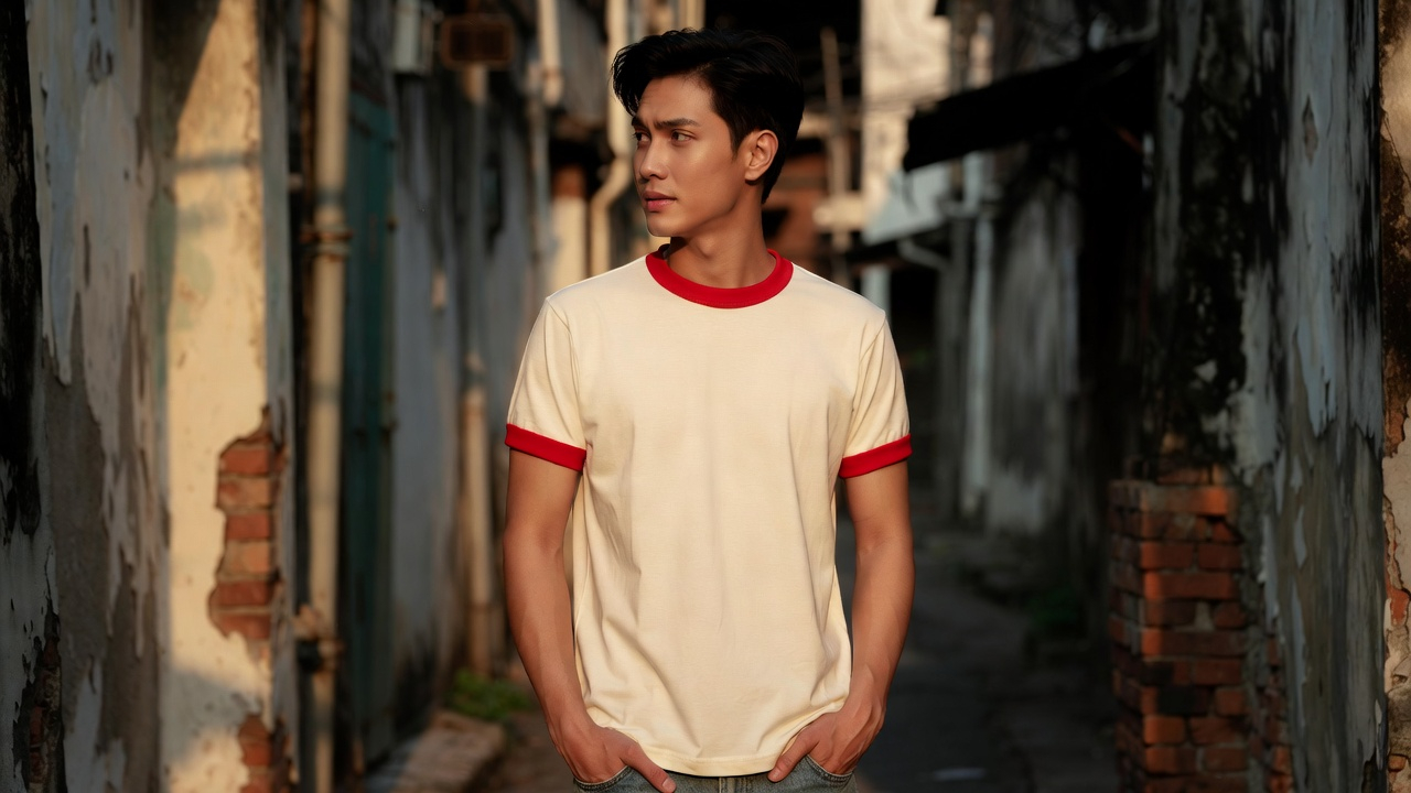 ชายไทยใส่เสื้อขาวกุ้นแดง C20102 ยืนในซอยเก่า แสงทองยามเย็น บรรยากาศเมืองกรุงเทพ Premium K32 Ringer Tee