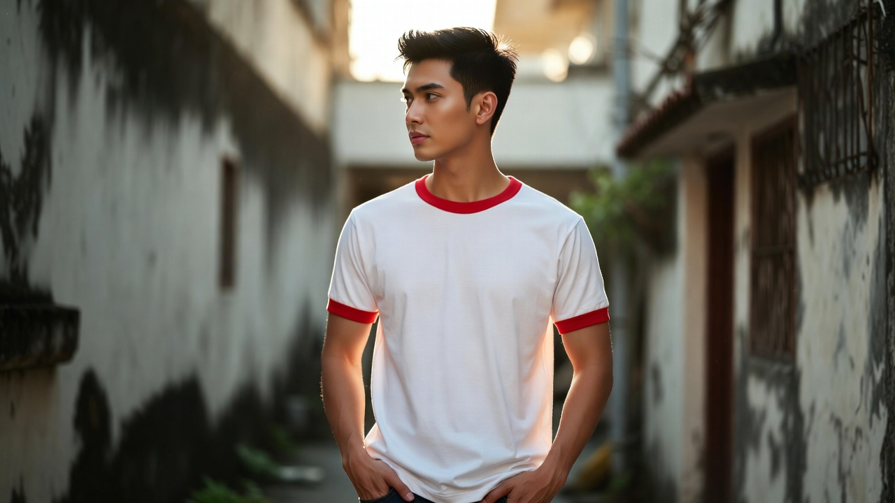 มุมใกล้ชายไทยใส่เสื้อขาวกุ้นแดง C20102 พิงกำแพงแดง แสดงเนื้อผ้าและทรงเสื้อ Premium K32