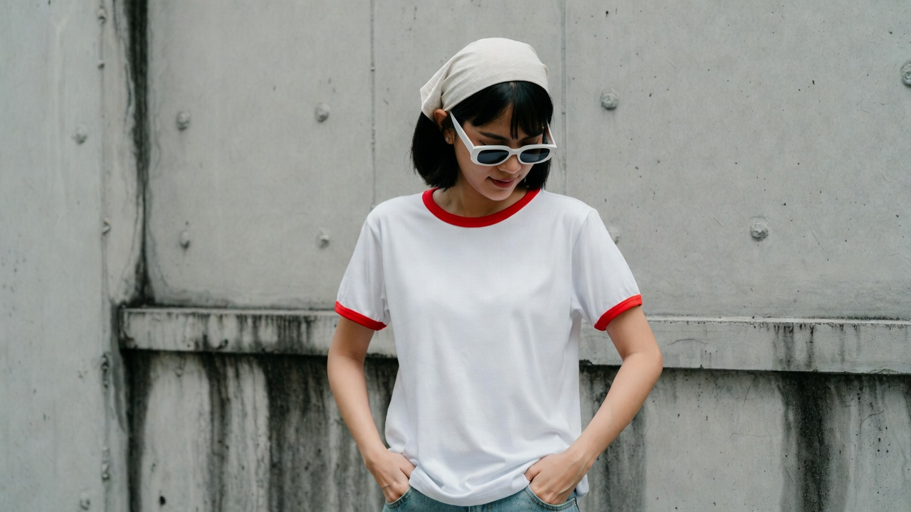 ผู้หญิงไทยใส่เสื้อขาวกุ้นแดง C20102 ยืนในเมือง แว่นกันแดด สไตล์สตรีท Premium K32 Ringer Tee