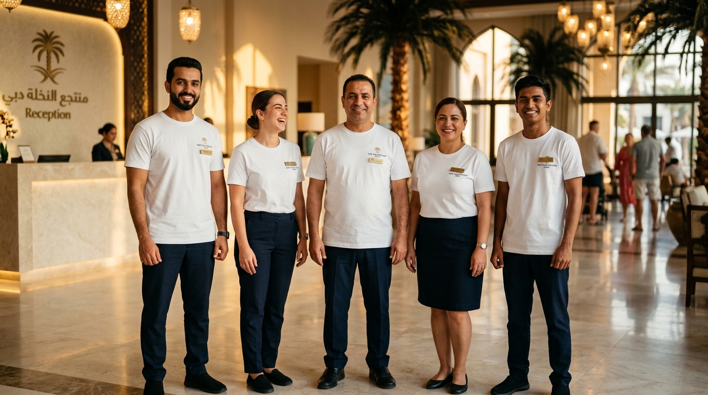 Hospitality team in UAE after long term use of premium white t-shirts made in Thailand still looking professional