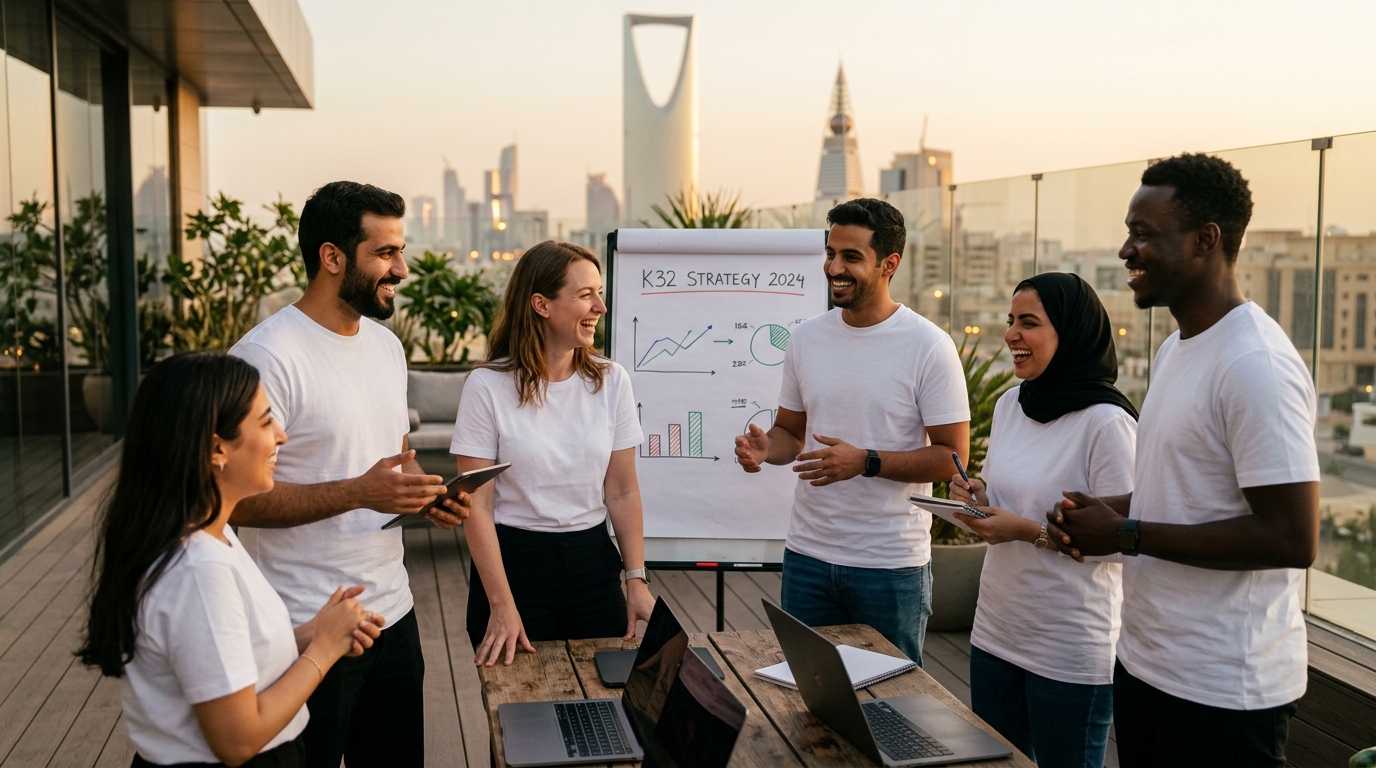 Corporate team in Saudi Arabia confidently wearing premium white t-shirts made in Thailand showing team pride