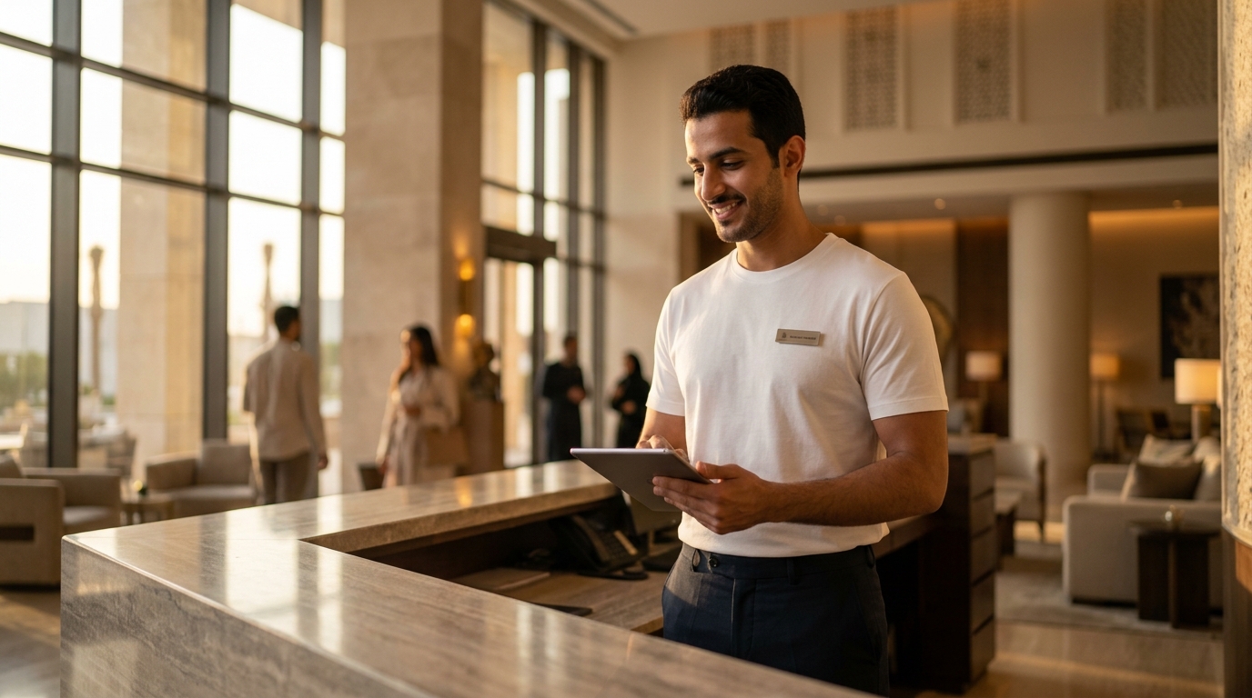Hospitality team in Riyadh wearing premium white t-shirt made in Thailand while working comfortably in hotel lobby