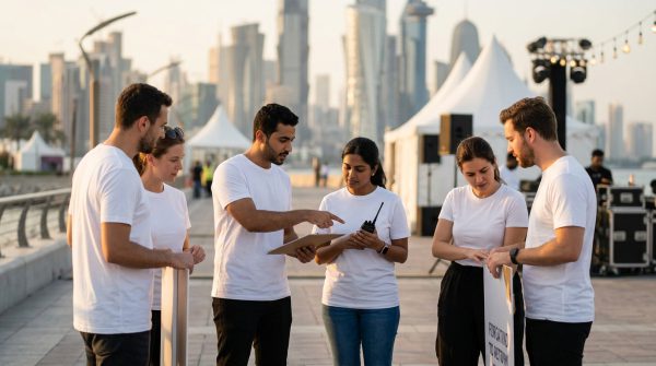 Event team in Qatar wearing premium white t-shirts made in Thailand showing professional and united team look