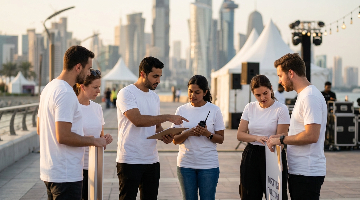 Event team in Qatar wearing premium white t-shirts made in Thailand showing professional and united team look