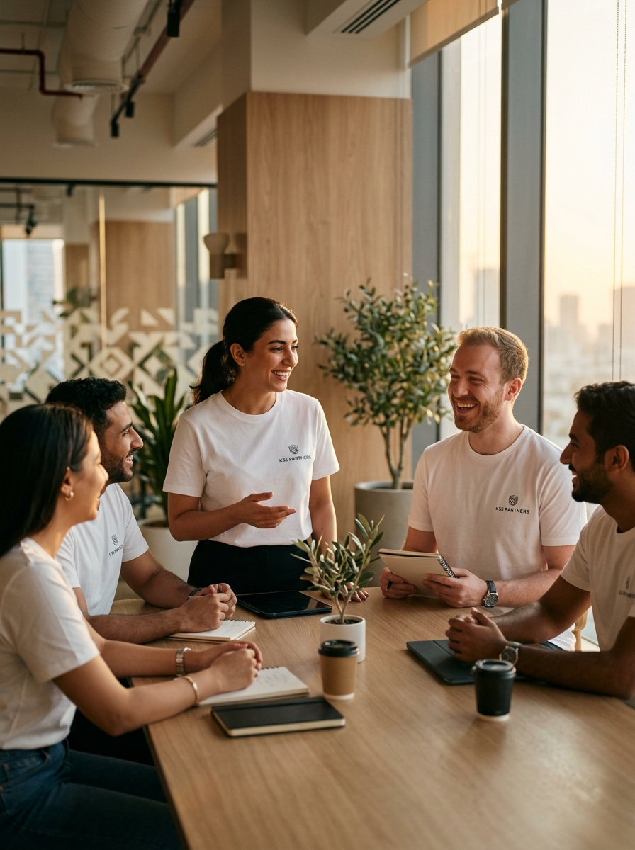Professional in Middle East wearing premium white t-shirt made in Thailand with minimal company logo