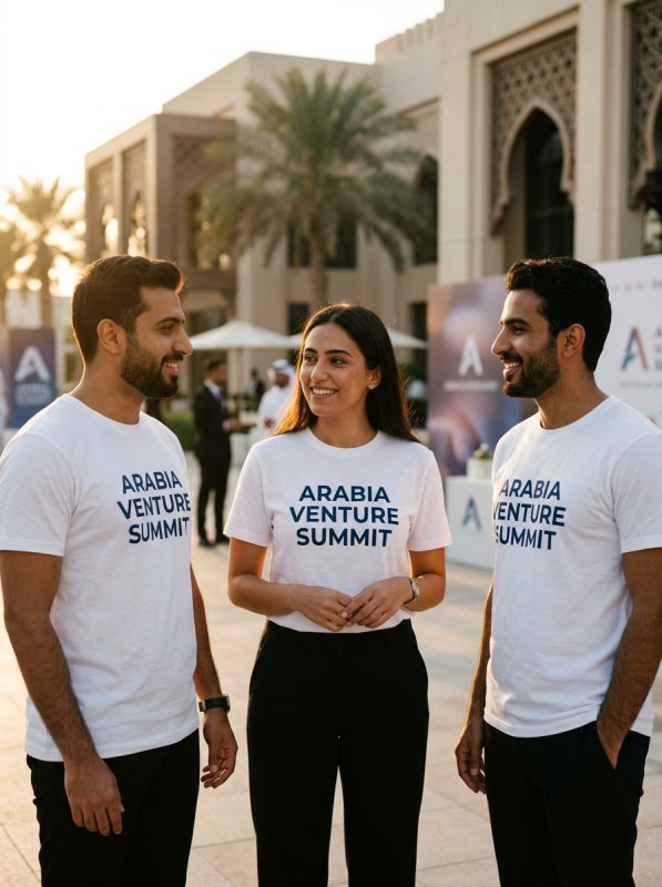 Event staff in Middle East wearing premium white t-shirt made in Thailand with event name print