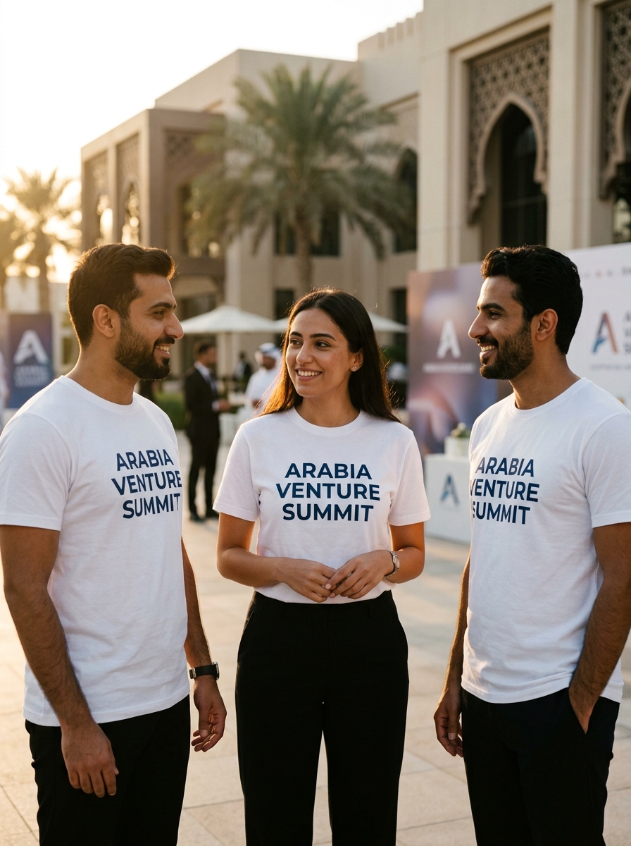 Event staff in Middle East wearing premium white t-shirt made in Thailand with event name print