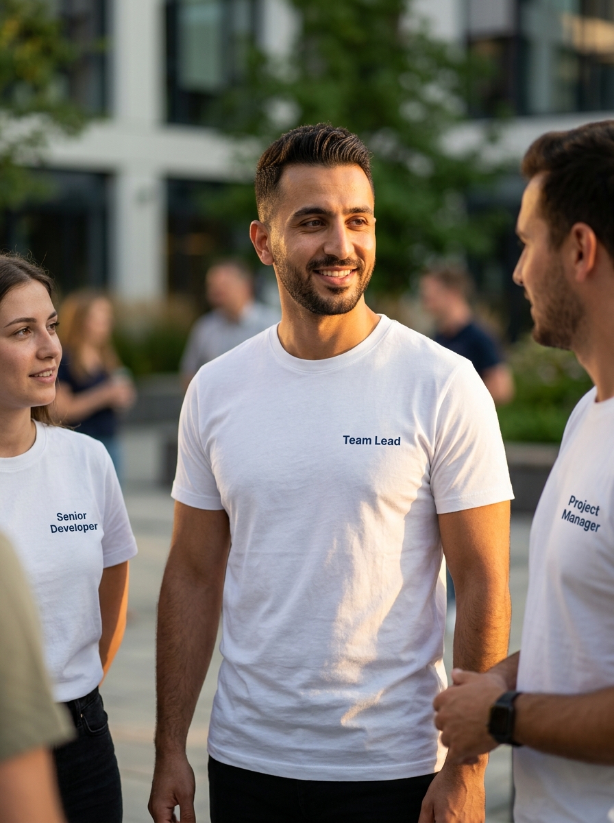 Team member in Middle East wearing premium white t-shirt made in Thailand with role label