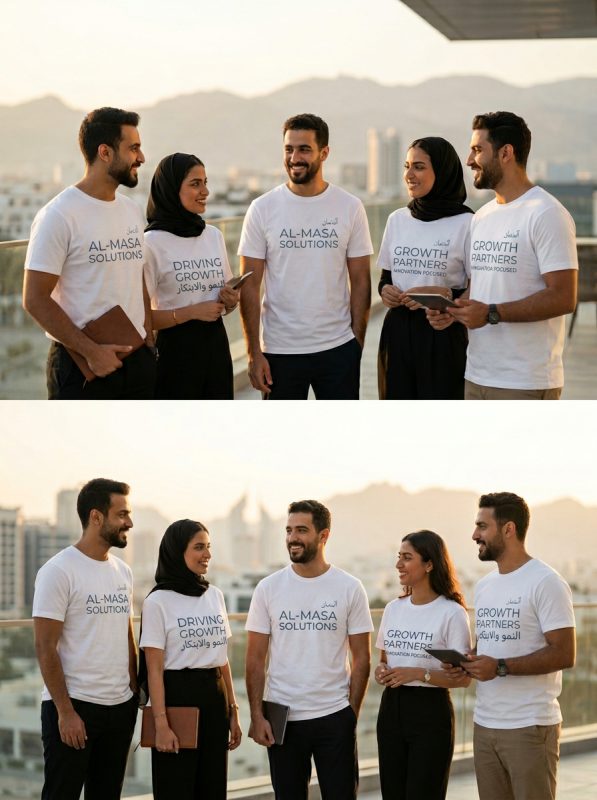 SME team in Middle East wearing premium white t-shirts made in Thailand with team name