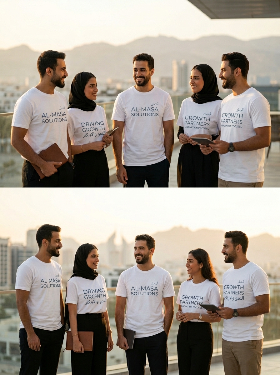 SME team in Middle East wearing premium white t-shirts made in Thailand with team name