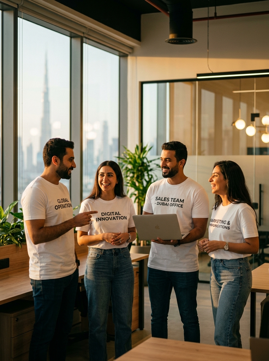Office professional in Middle East wearing premium white t-shirt made in Thailand with internal team text