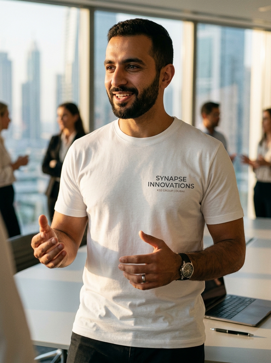 Client-facing professional in Middle East wearing premium white t-shirt made in Thailand with elegant branding