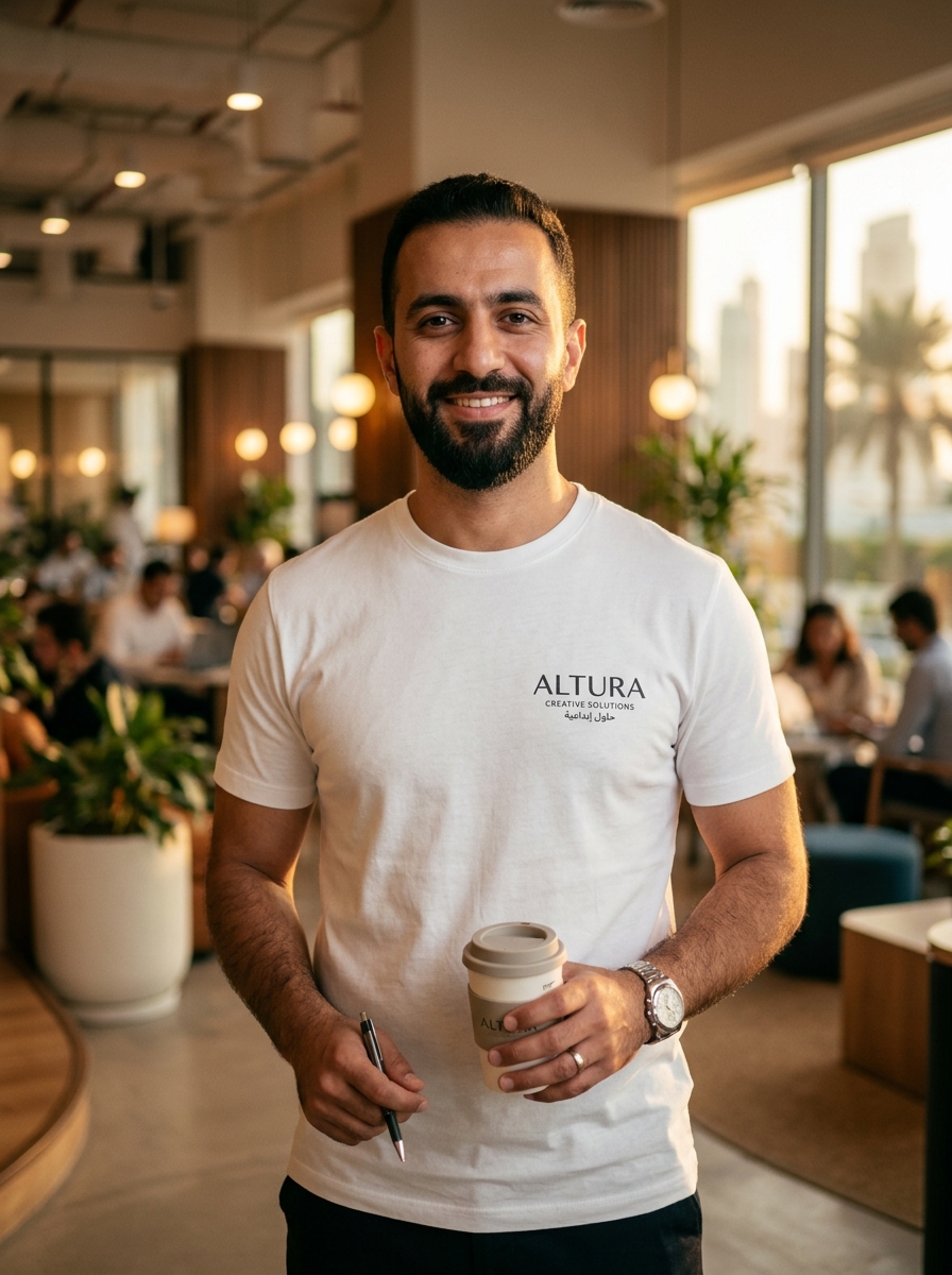Professional in Middle East wearing premium white t-shirt made in Thailand with minimal elegant print