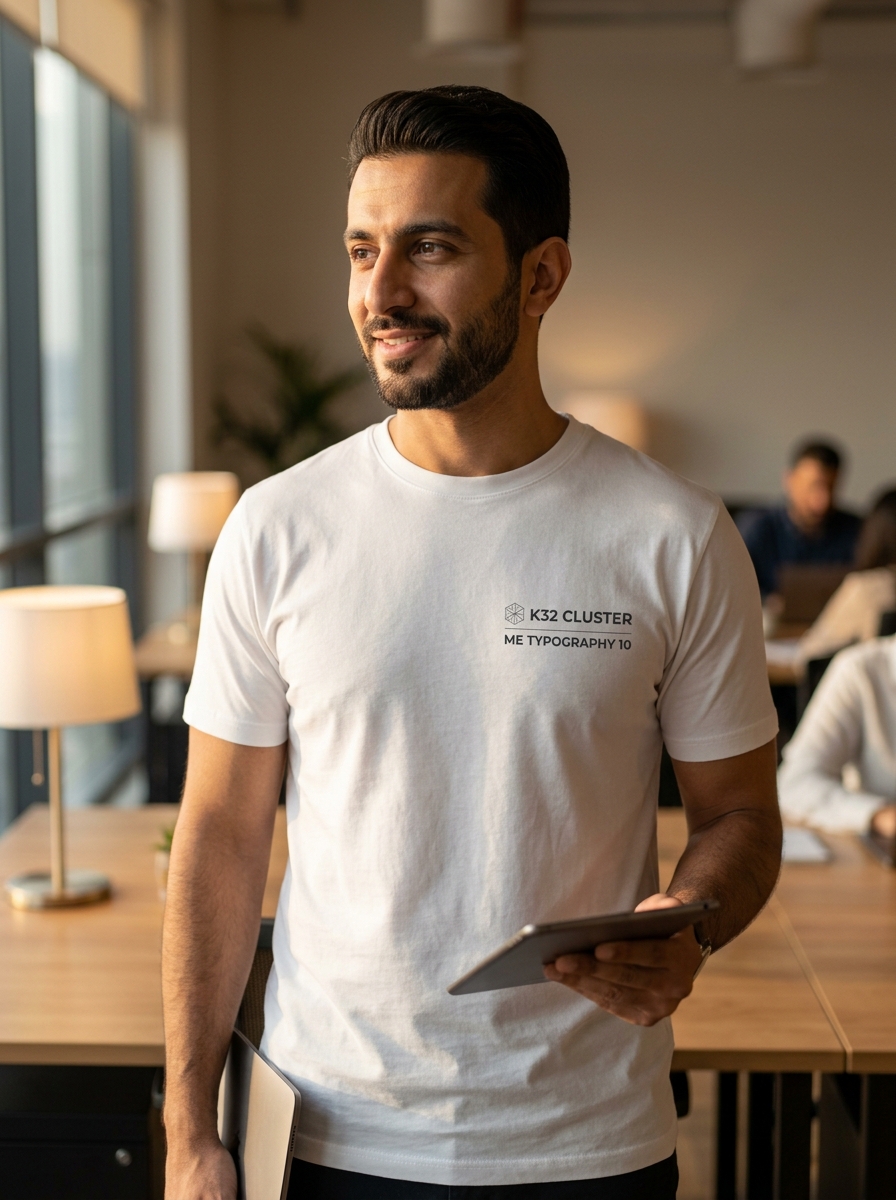 Professional in Middle East wearing premium white t-shirt made in Thailand with clean modern professional branding