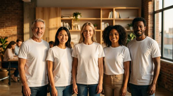 United professional team confidently wearing premium white t-shirts made in Thailand showing team pride