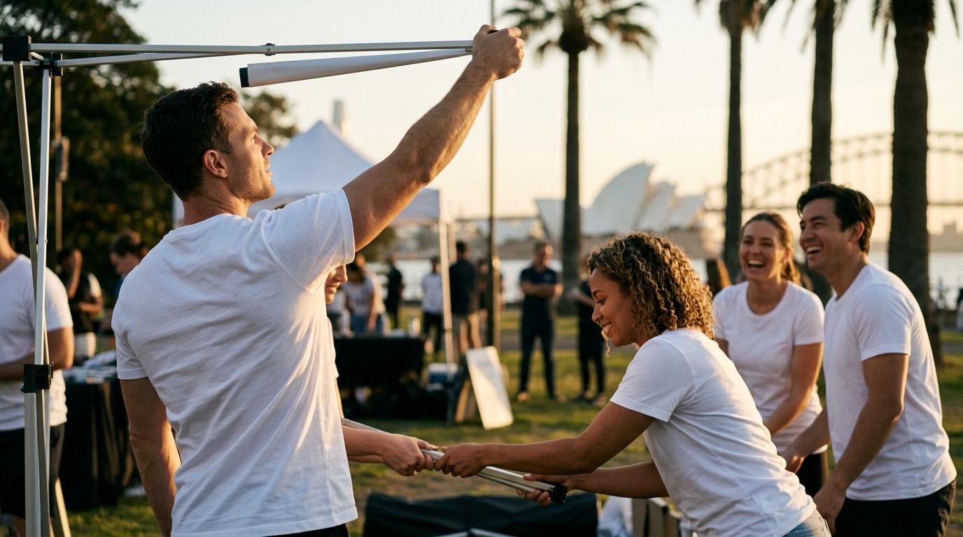 Australian event team wearing durable premium white t-shirts made in Thailand during active work