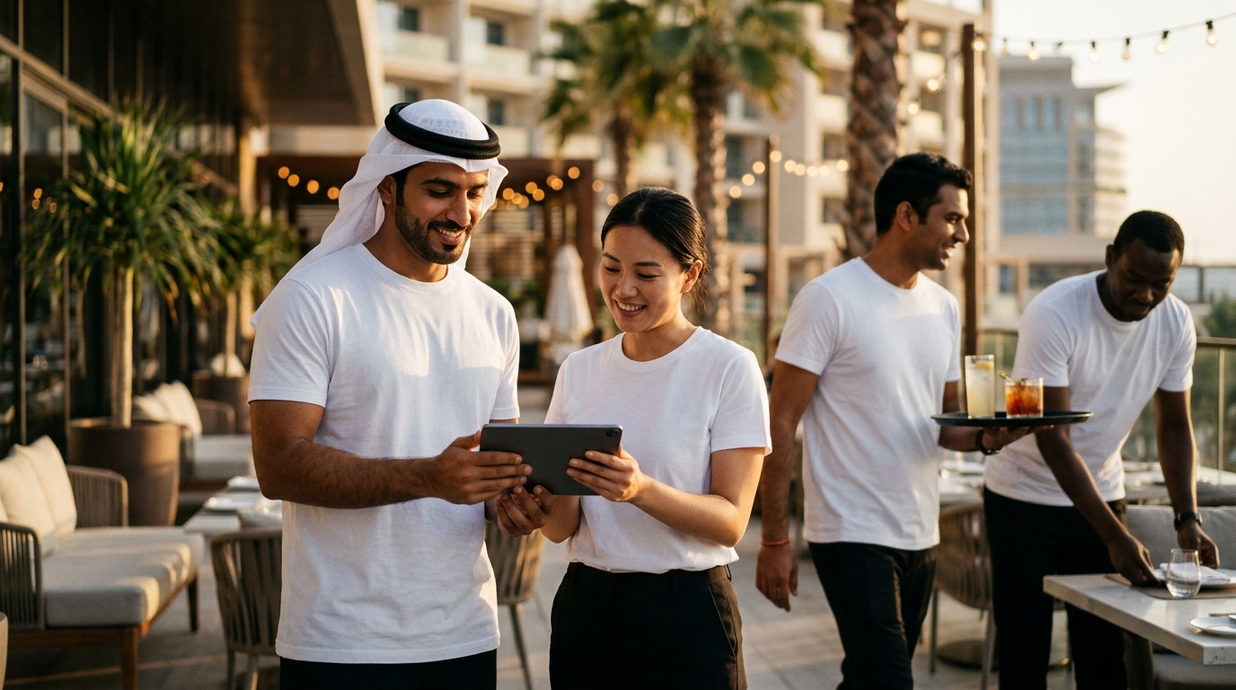 Hospitality team in UAE wearing premium white t-shirt made in Thailand while working comfortably in hot climate