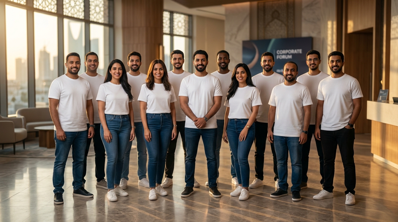 United professional team confidently wearing premium white t-shirts made in Thailand showing team pride
