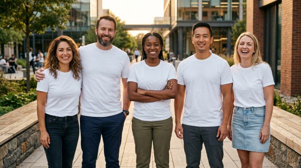 Event staff wearing premium white t-shirt made in Thailand with event name for professional branding