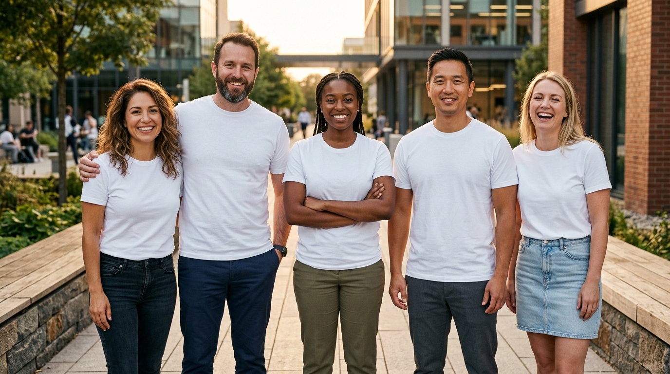Event staff wearing premium white t-shirt made in Thailand with event name for professional branding