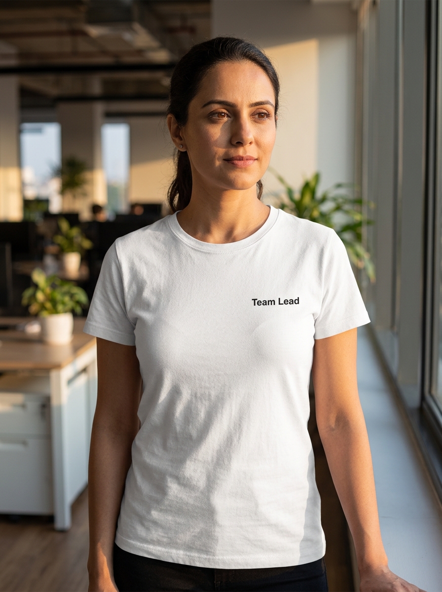 Team member wearing premium white t-shirt made in Thailand with role label for consistent team appearance