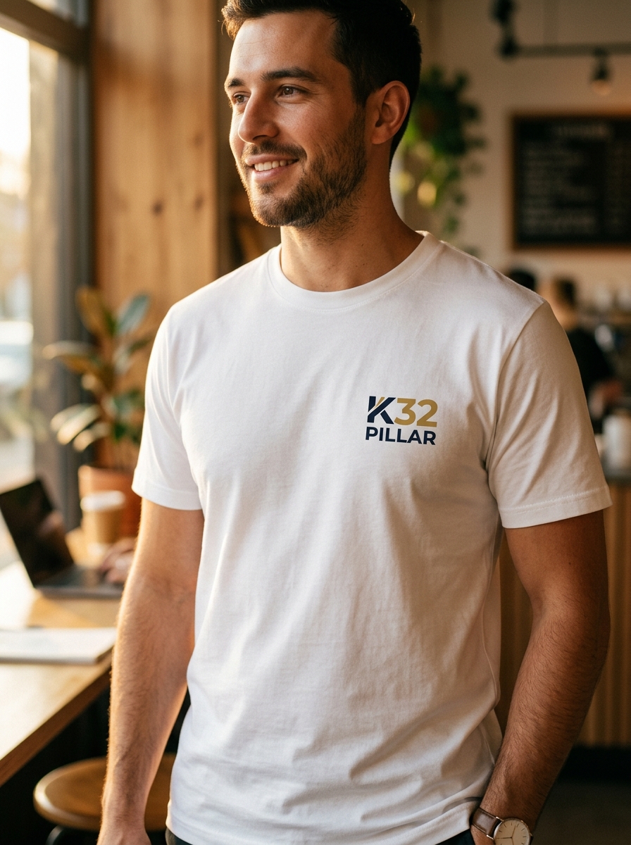 Close-up of premium white t-shirt made in Thailand fabric texture with small logo print quality