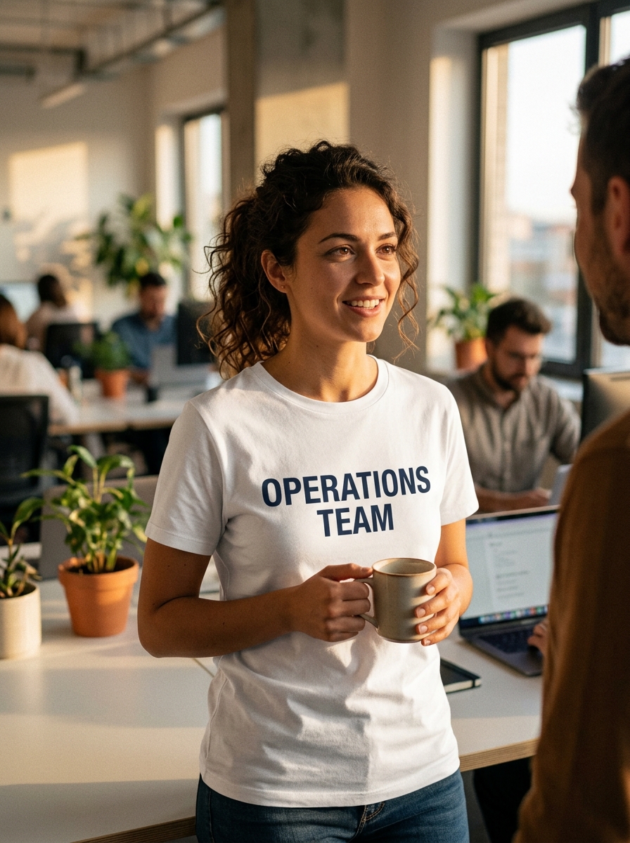 Office professional wearing premium white t-shirt made in Thailand with internal team text for corporate use