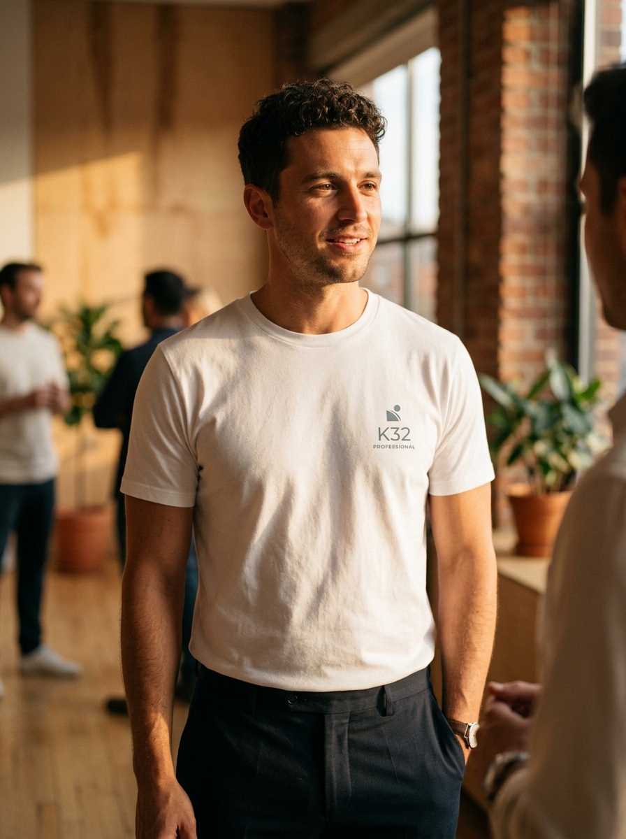 Client-facing professional wearing premium white t-shirt made in Thailand with elegant branding