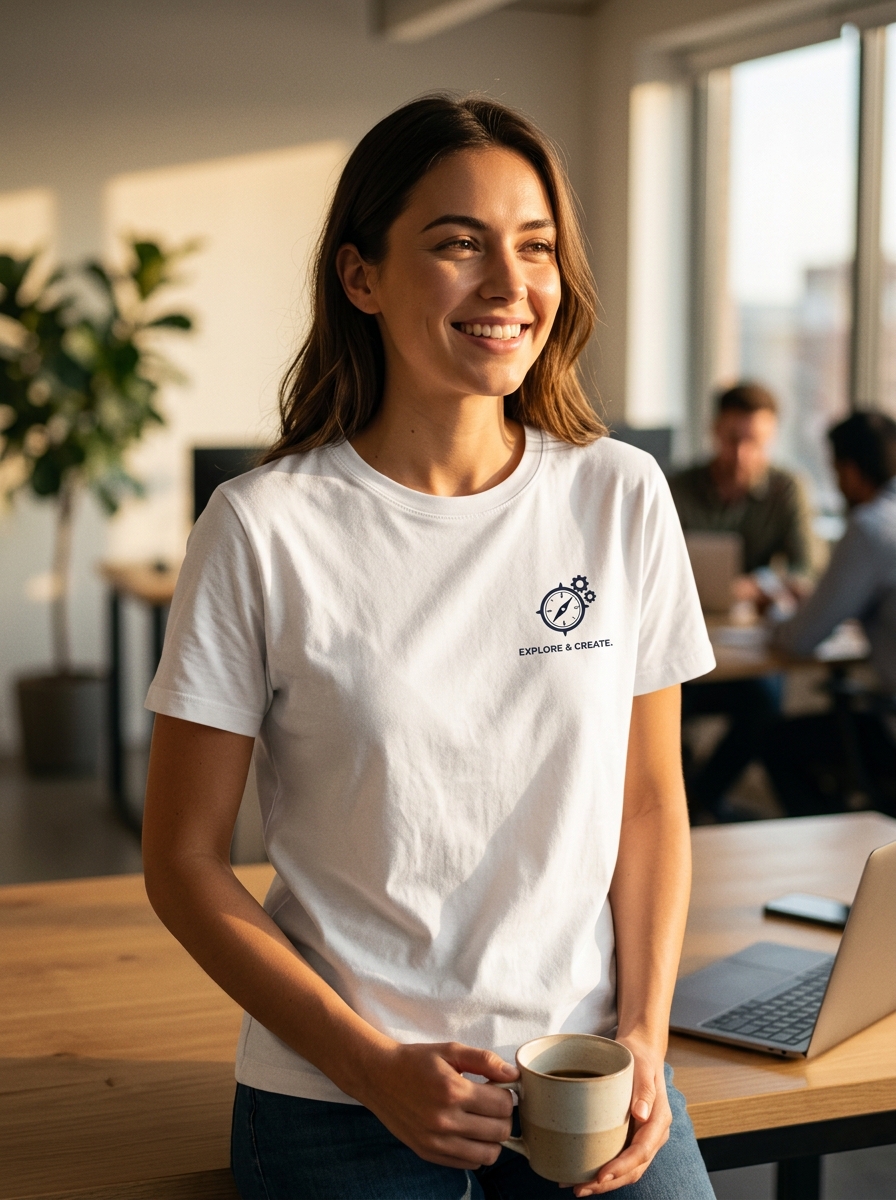 Professional wearing premium white t-shirt made in Thailand with minimal elegant print design