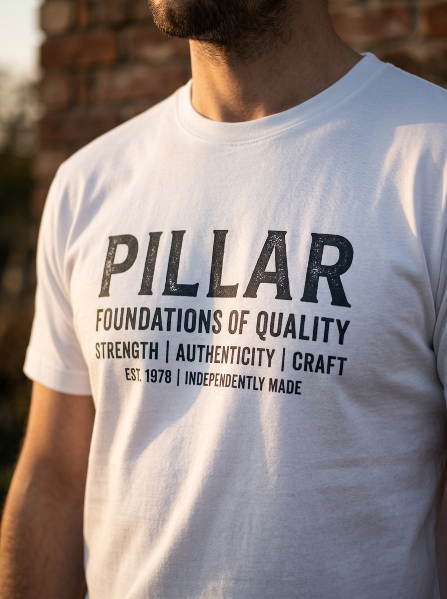 Close-up premium white t-shirt made in Thailand showing high quality print and fabric texture