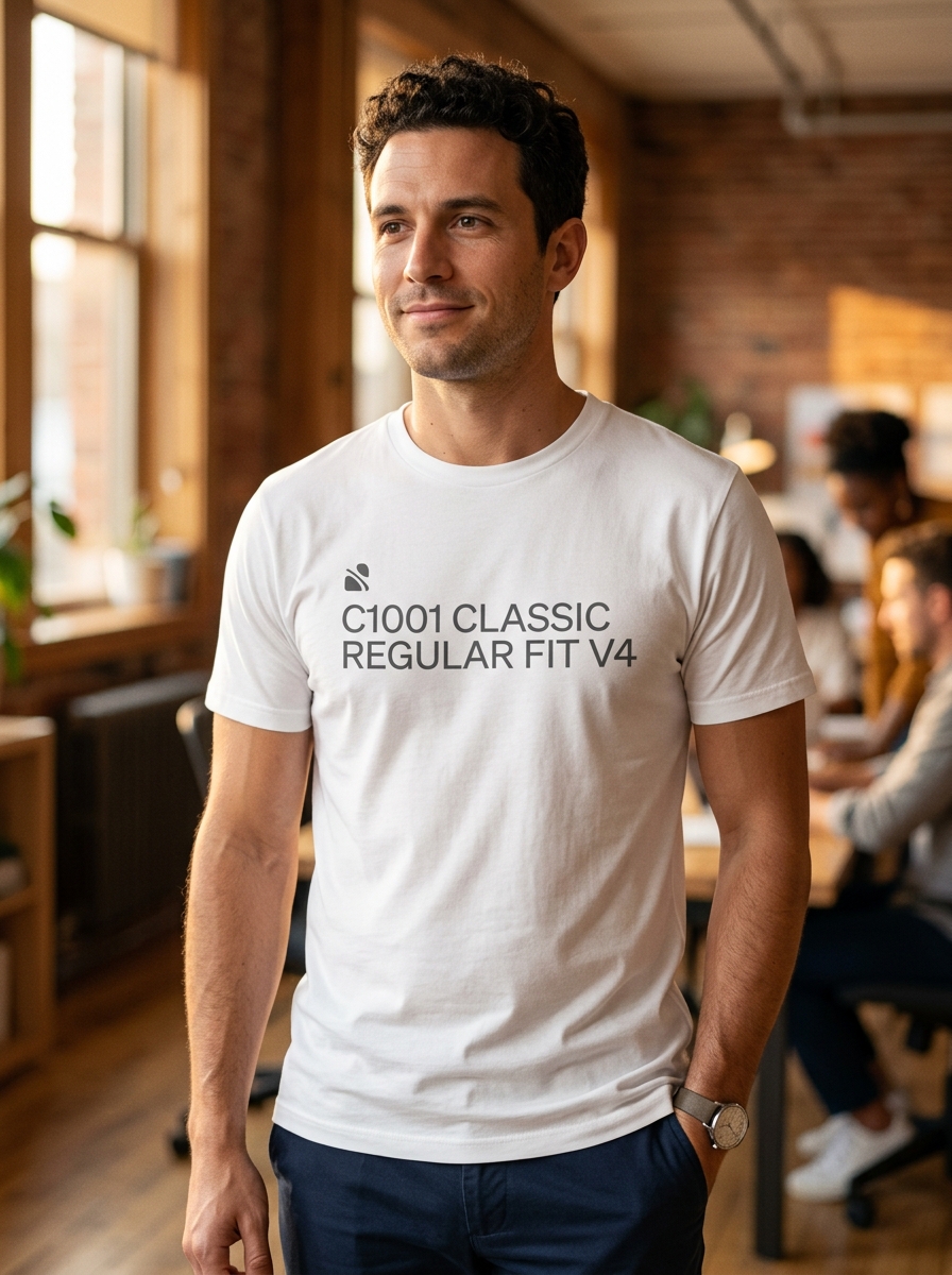 Professional wearing premium white t-shirt made in Thailand with clean modern professional branding