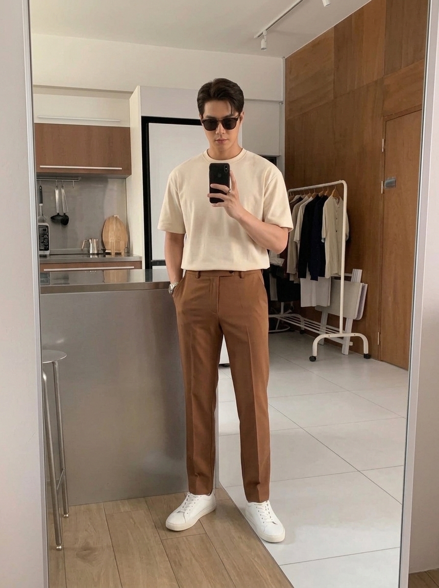 เสื้อยืดผู้ชายสีผ้าดิบ ใส่คู่กางเกงตัวเก่ง นั่งคาเฟ่มินิมอล ลุคสตรีทที่ดูดี