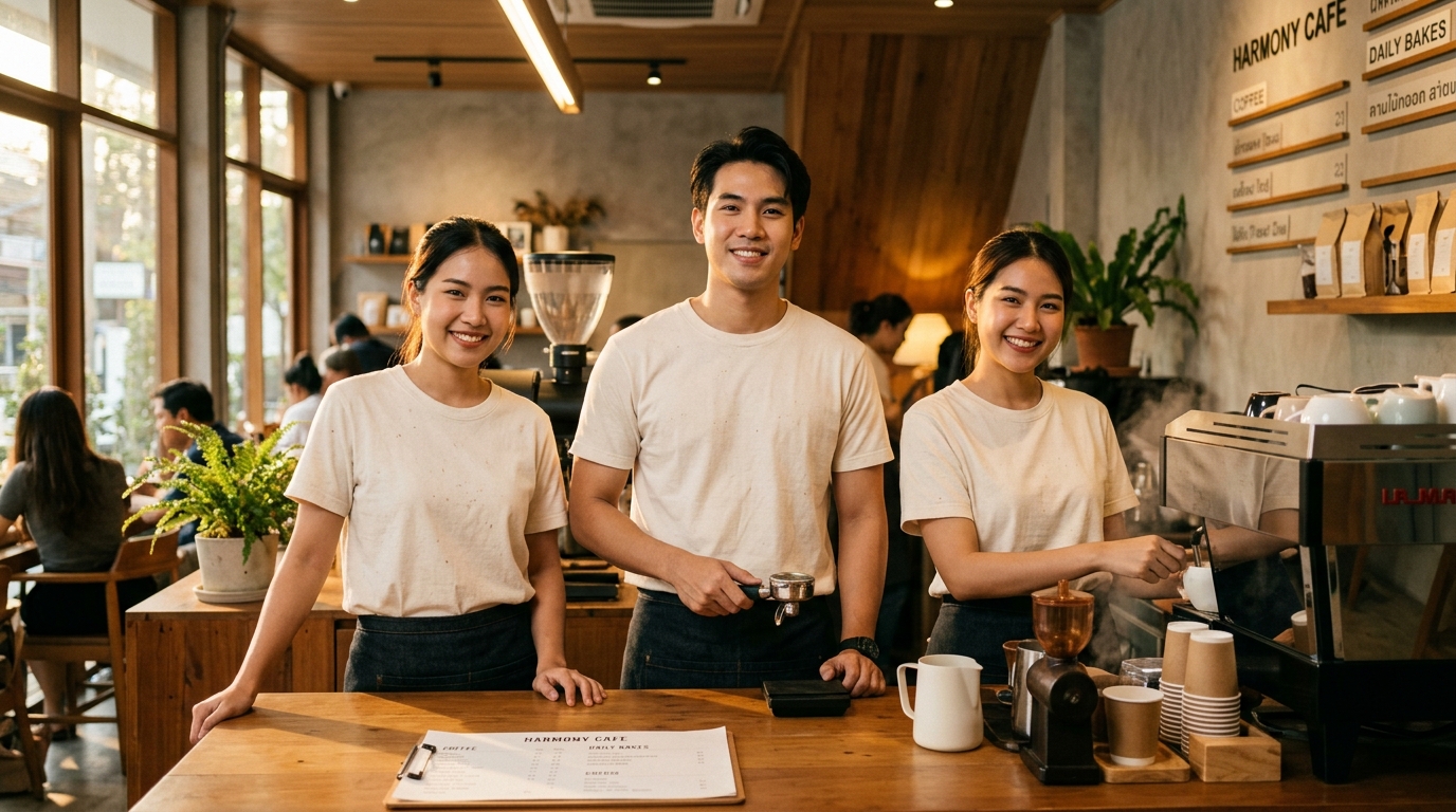 ทีมบาริสต้า 3 คน ใส่เสื้อฟอร์มคาเฟ่สีผ้าดิบ ยืนยิ้มต้อนรับหลังเคาน์เตอร์