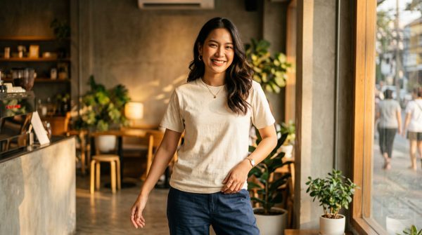นางแบบชาวไทยโพสท่ามั่นใจในเสื้อยืดสีผ้าดิบ สั่งเสื้อเปล่าพร้อมส่งฟรีราคาประเมิน