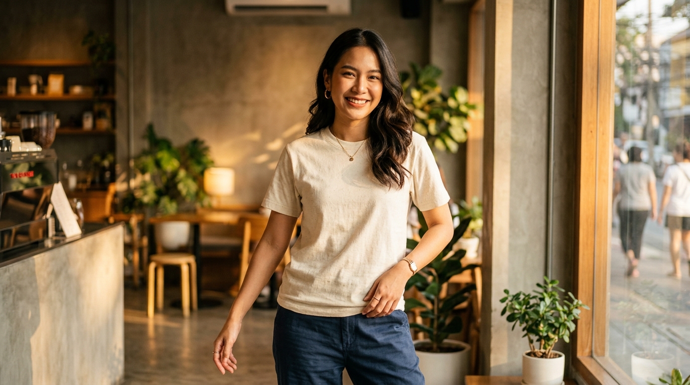 นางแบบชาวไทยโพสท่ามั่นใจในเสื้อยืดสีผ้าดิบ สั่งเสื้อเปล่าพร้อมส่งฟรีราคาประเมิน