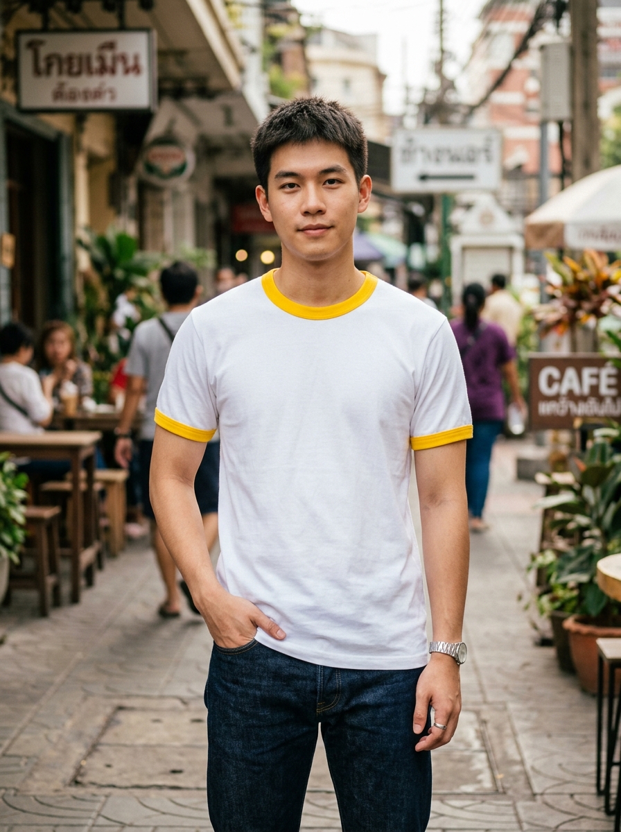 นายแบบไทยสวมเสื้อขาวกุ้นเหลือง C20103 สตรีทแฟชั่นจับคู่กางเกงยีนส์เดนิมสีซีด
